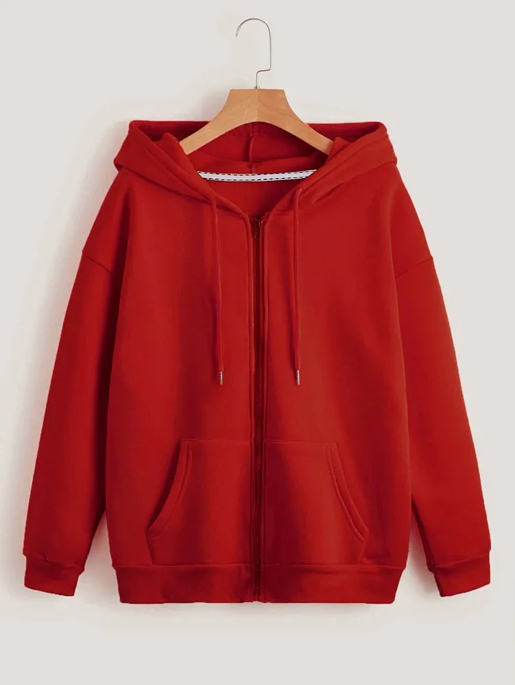 Women's Sweatshirt Sweatshirts Hoodies Solid Drawstring Pocket Front Zip Up Hoodie Warmth Beautiful Lovely Fashionable (Color : Red, Size : X-Small)