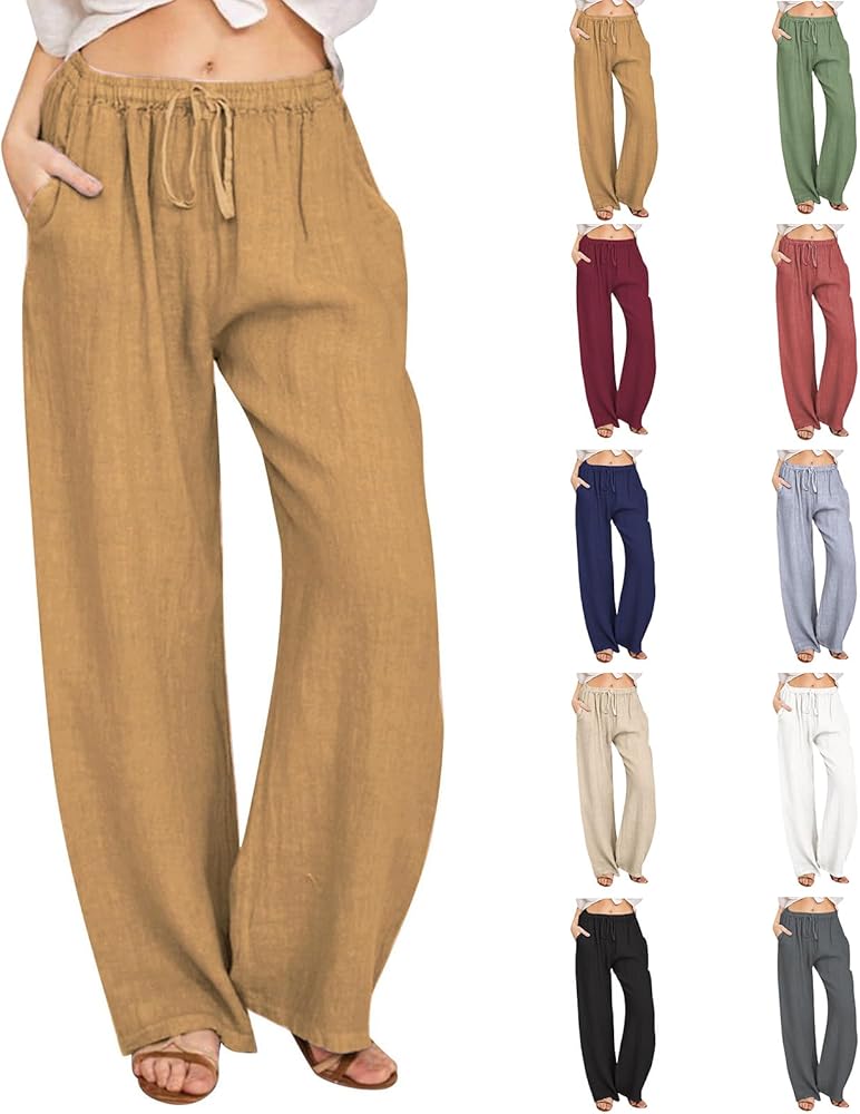 Wide Leg Linen Pants for Women Summer Casual Palazzo Pants Drawstring Lightweight Flowy Boho Beach Pants with Pockets