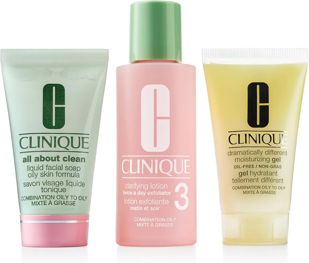 Clinique 3-Step Refresher Course Skincare Set For Oily Combination Skin Types | Cleansing, Exfoliating + Moisturizing