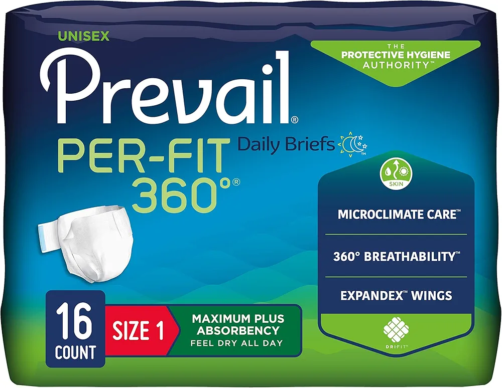 Prevail Per-Fit 360 Daily Incontinence Briefs, Unisex Adult Incontinence Briefs with Tabs, Maximum Plus Absorbency, Size 1, 20 Count Bag