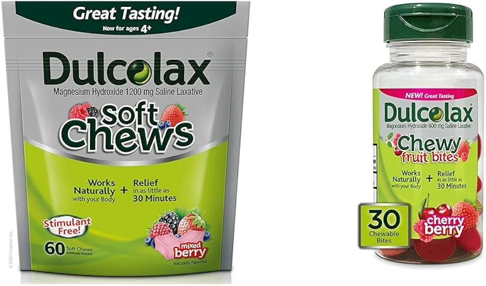 Dulcolax Soft Chews Saline Laxative Mixed Berry (60ct) Gentle Constipation Relief & Chewy Fruit Bites, Saline Laxative, Cherry Berry (30ct) Cramp-Free Constipation Relief