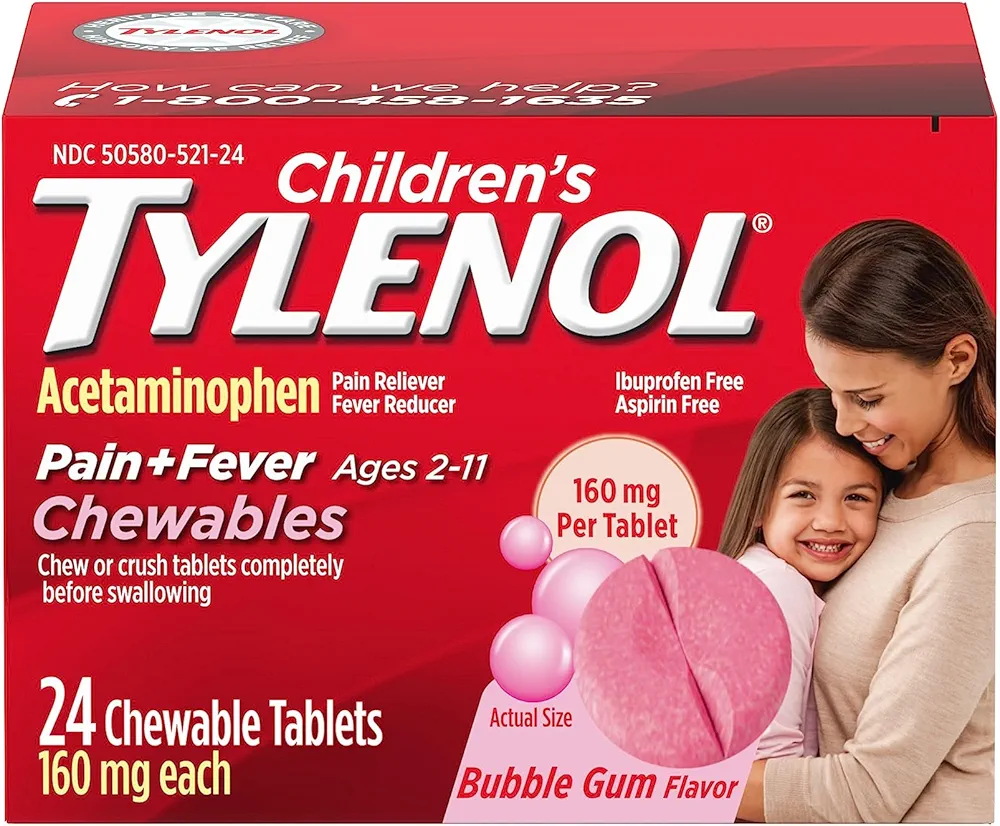 Tylenol Children's Chewables with 160 mg Acetaminophen, Pain Reliever & Fever Reducer for Kids' Cold + Flu Symptoms, Headache, Sore Throat & Toothache, Aspirin-Free, Bubble Gum, 24 ct