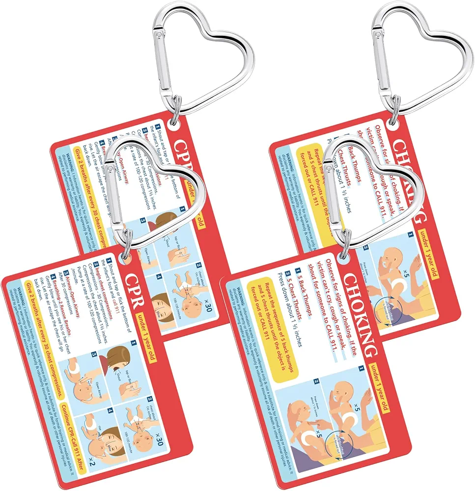 4 Pcs Infant CPR/Choking First Aid Card 3.4 x 2.1 Inch Heimlich Maneuver Card Portable Emergency Instructions with Key Chain for Babies