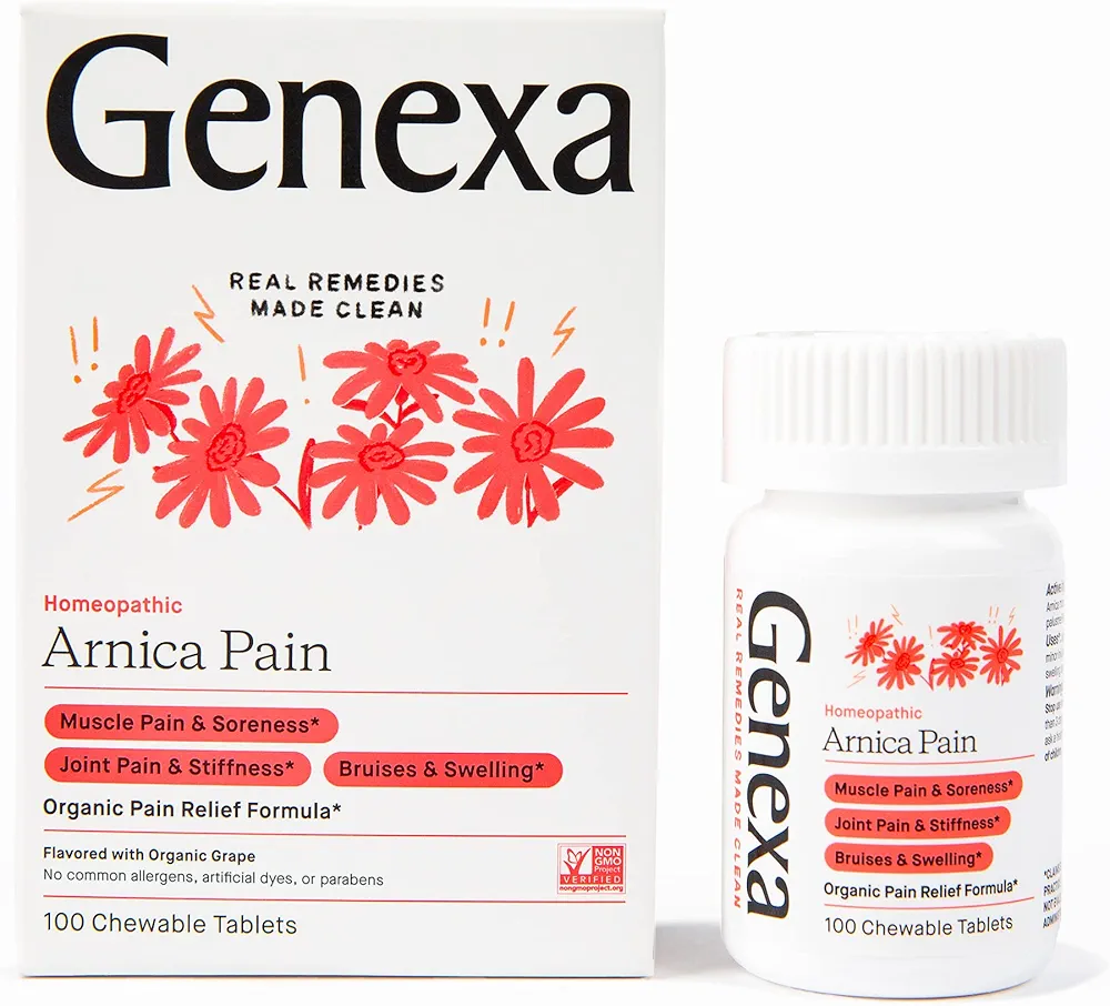 Genexa Arnica Tablets for Pain Relief Formula | Alleviate Muscle & Joint Pain, Soreness, & Stiffness | Delicious Organic Grape Flavor | Homeopathic Remedy Made Clean | 100 Chewable Tablets