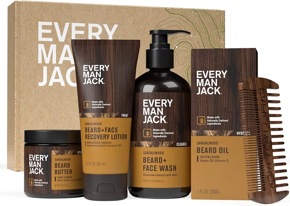 Every Man Jack Mens Sandalwood Grooming Set - Five Full-Sized Essentials: Wash, Lotion, Hydrating Oil, Butter, and Comb