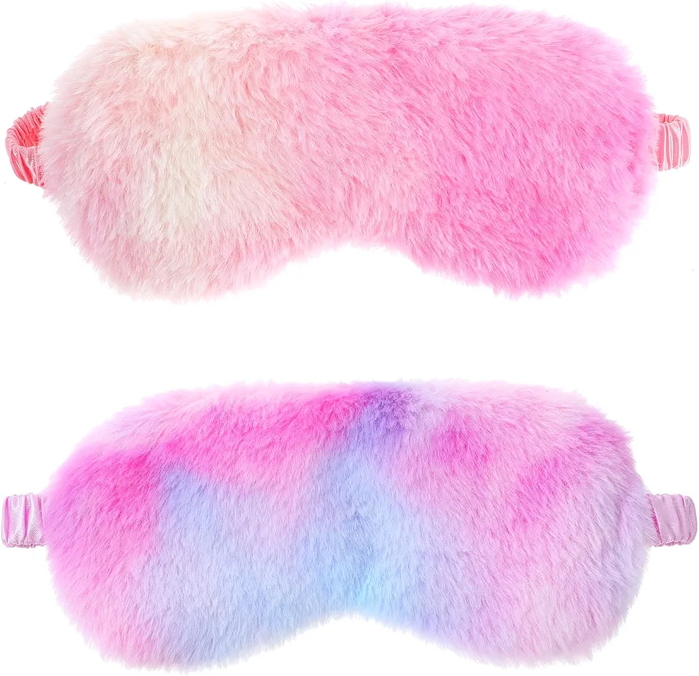 2 Pcs Plush Eye Mask Soft Sleeping Blindfold Eye Cover Comfortable Furry Faux Fur Sleeping Mask Satin Nap Night Eyeshade Cover for Women Men Gift (Purple, Red)