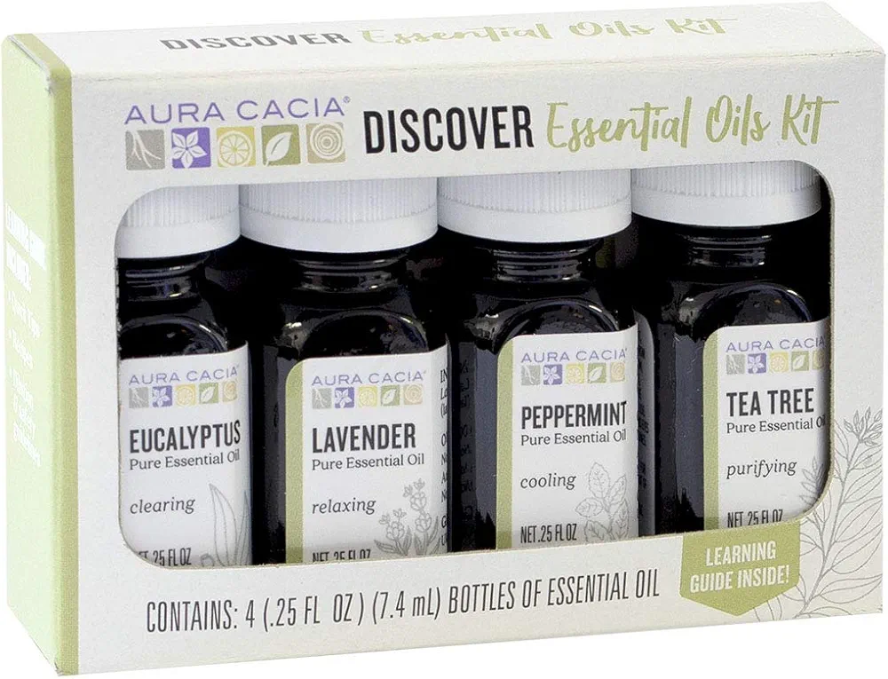 Aura Cacia Discover Essential Oils Kit, 4-Pack, Lavender, Eucalyptus, Peppermint & Tea Tree Oils, Excellent Starter Set