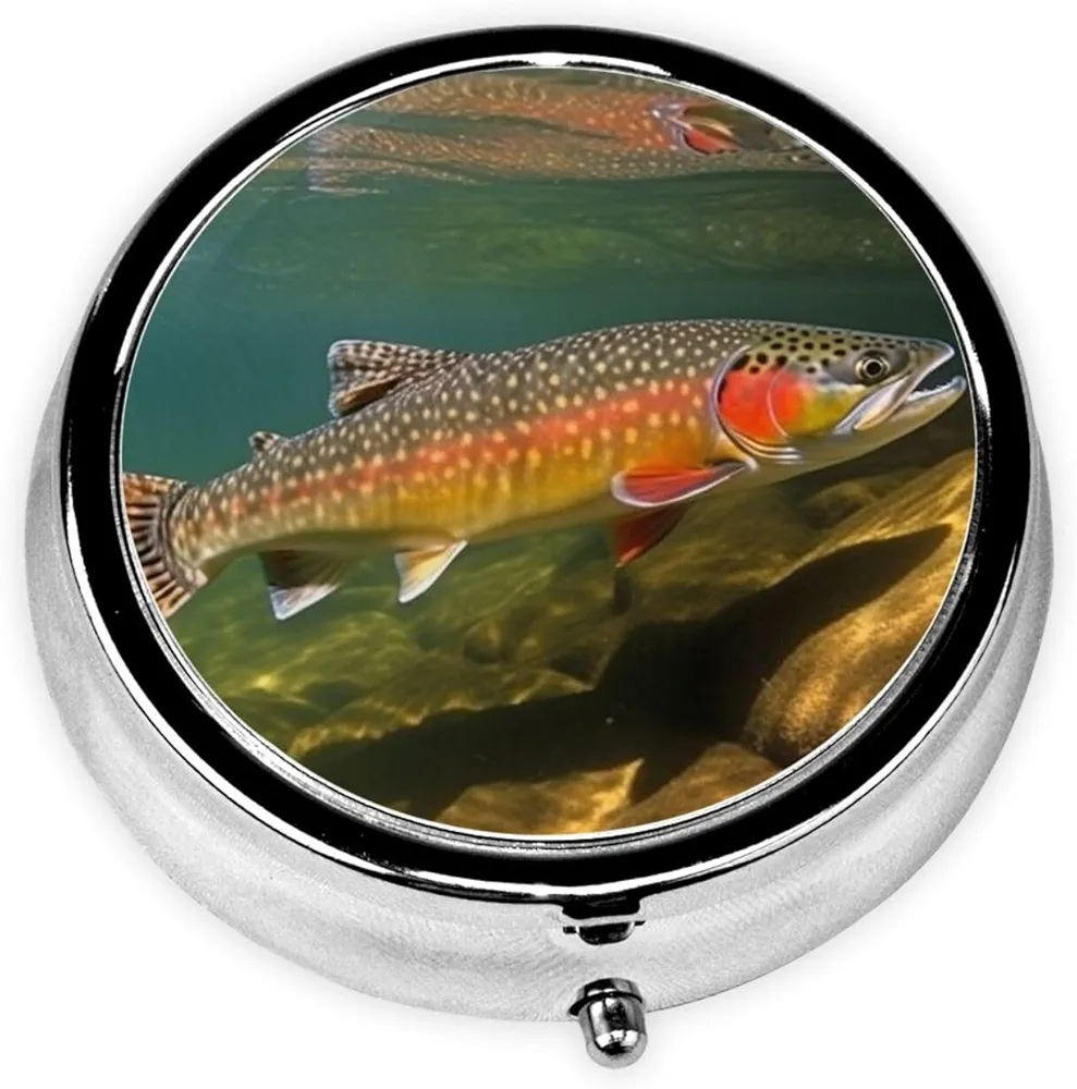 Brook Trout Fly Fishing Print Round Pill Box 3 Compartment Portable Mini Pill Case Metal Pill Organizer Pill Container for Pocket Purse Office Travel, Black