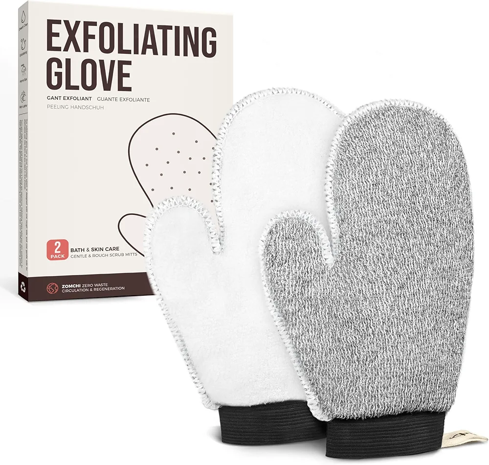 ZOMCHI 2 Pack Deep Exfoliating Glove with Dual Texture, Massage Body Scrub Gloves for Home Spa, Exfoliating Mitt for Dead Skin Removal (Deep + Soft)