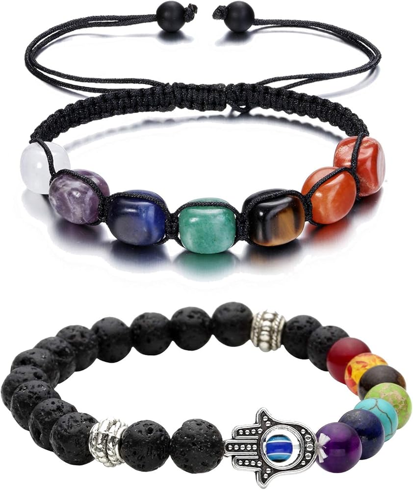 Jovivi Bundle - 2 Items 7 Chakra Reiki Healing Crystals Stretch Bracelet + 7 Chakras Gemstone Evil Eye Bracelet Lava Stone Essential Oil Diffuser Bracelet