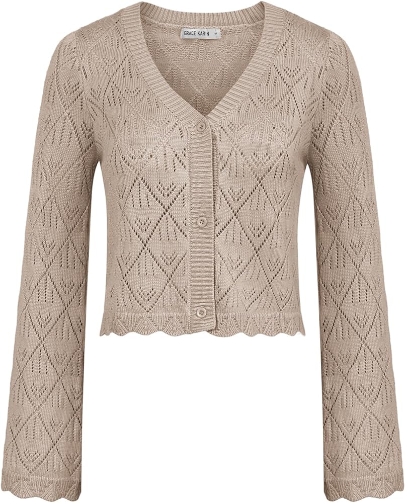 GRACE KARIN Cardigan Sweaters for Women Lightweight Button Down Open Front Short Crochet Shrug Long Sleeve V Neck 2024