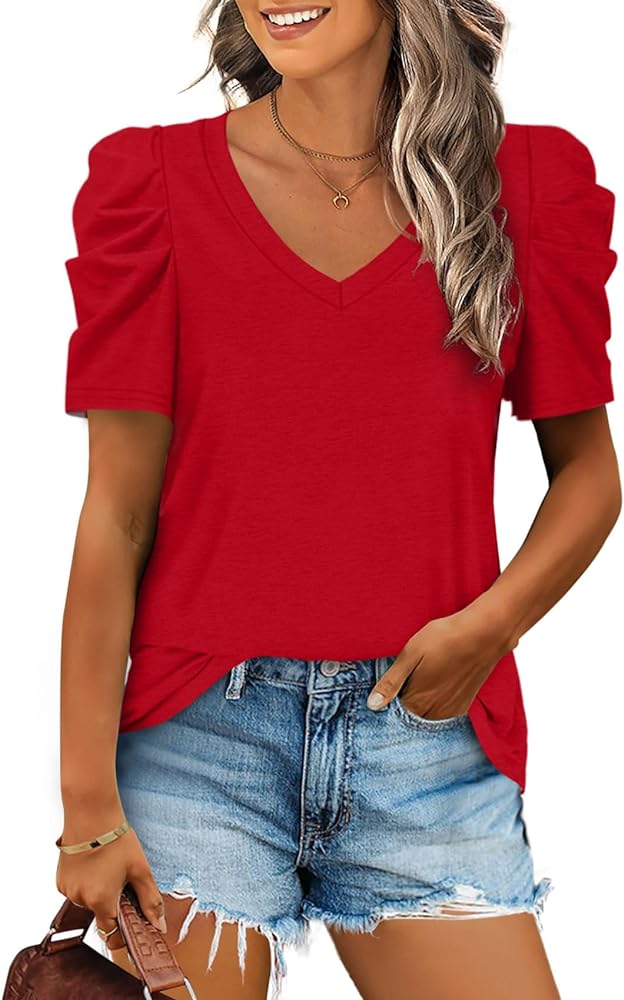 XIEERDUO Womens Summer Shirt V Neck Casual Tshirts Puff Sleeve Tops for Women Solid Color XS-3XL