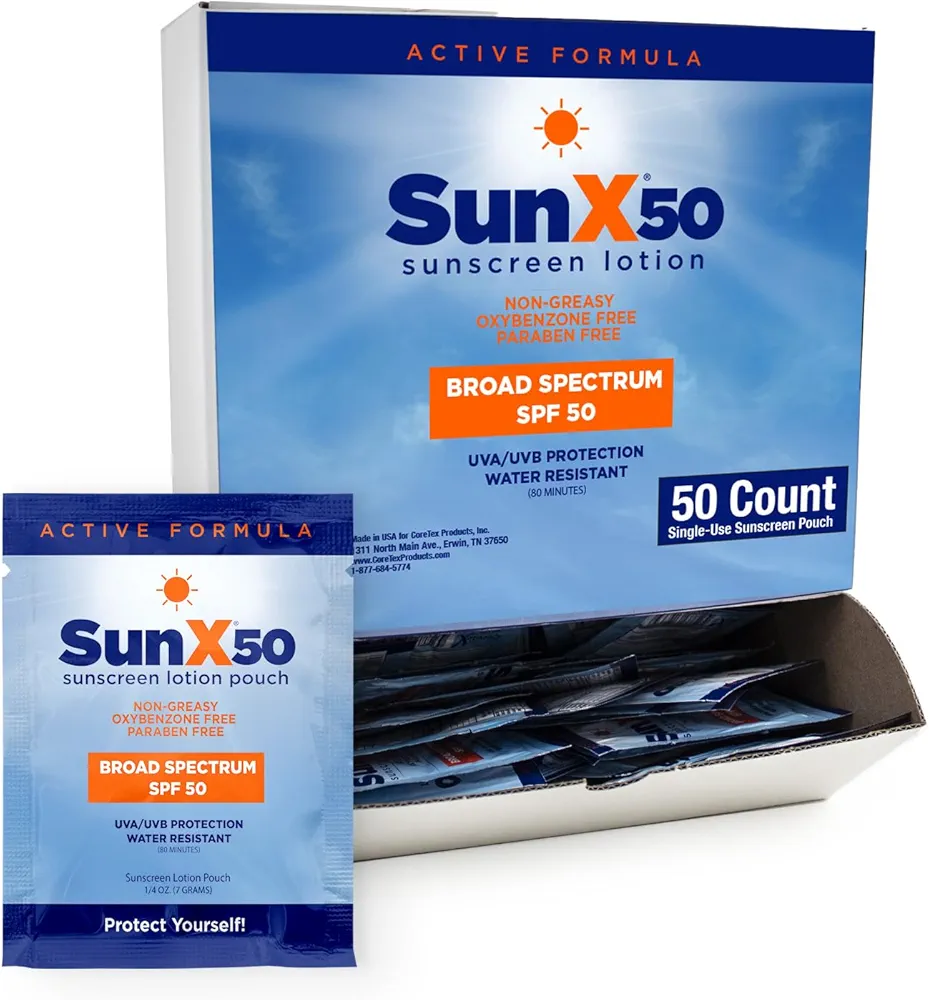 ​​Sun X 50 SPF Individual Sunscreen Packets Travel Size - Pack of 50 Paraben, Oxybenzone, & White Cast Free Broad Spectrum SPF Sunscreen Packets - Water & Sweat Resistant For Up To 80 Minutes