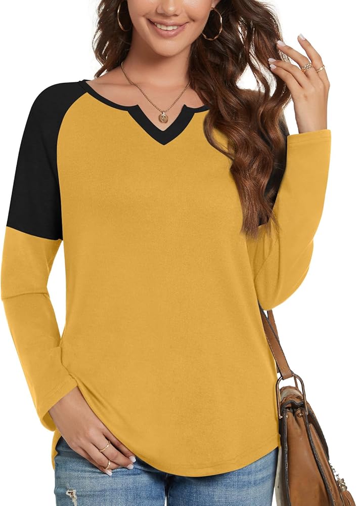 ALIGADUO Womens Fall Raglan Baseball Tee Shirts Long Sleeve Henley V Neck Tops Color Block Casual Pullover