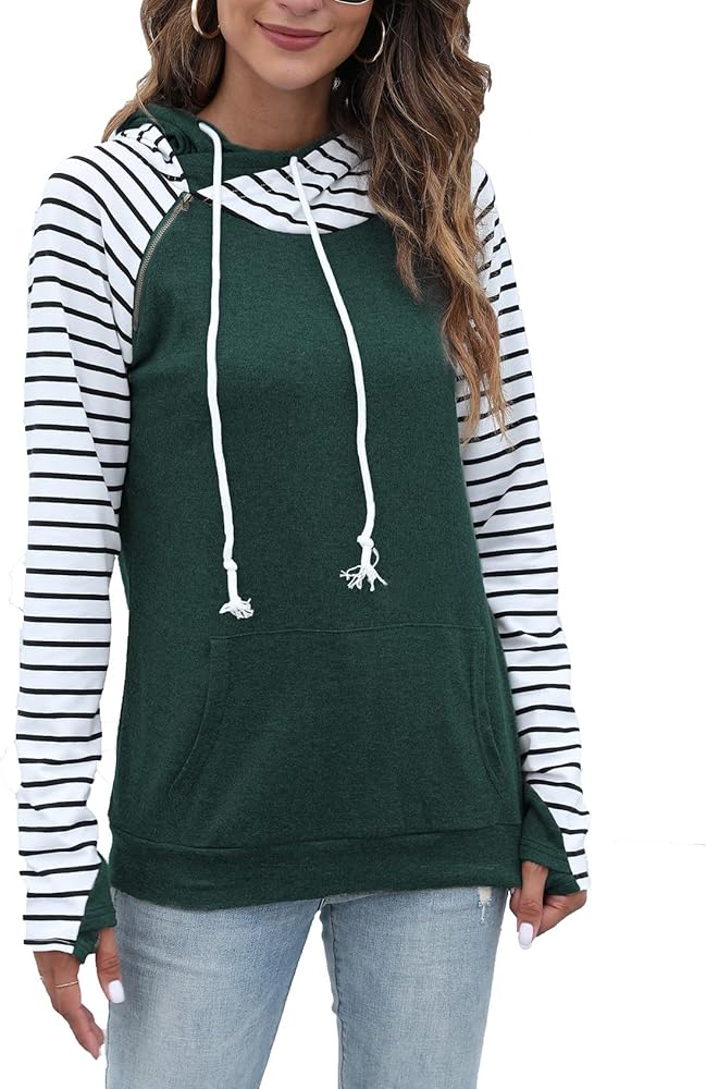 Womens Pullover Fashion Sweatshirts Double Hooded Color Block Hoodies Casual Long Sleeve Comfort Fall Tops