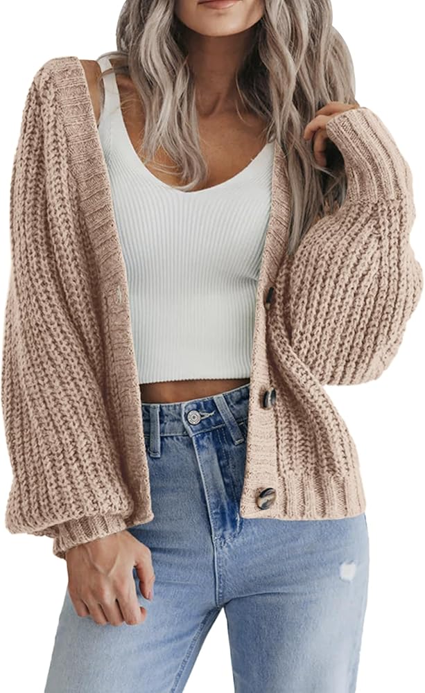 Zeagoo Women's 2024 Fall Chunky Knit Cardigans Open Front Long Sleeve V Neck Button Loose Cardigan Sweaters