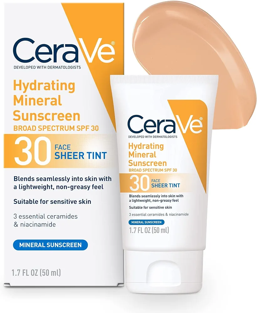 CeraVe Hydrating Mineral Sunscreen with Sheer Tint | Tinted Mineral Sunscreen with Zinc Oxide & Titanium Dioxide | Blends Seamlessly For Healthy Glow | Tinted Moisturizer with SPF 30 | 1.7 Fluid Ounce