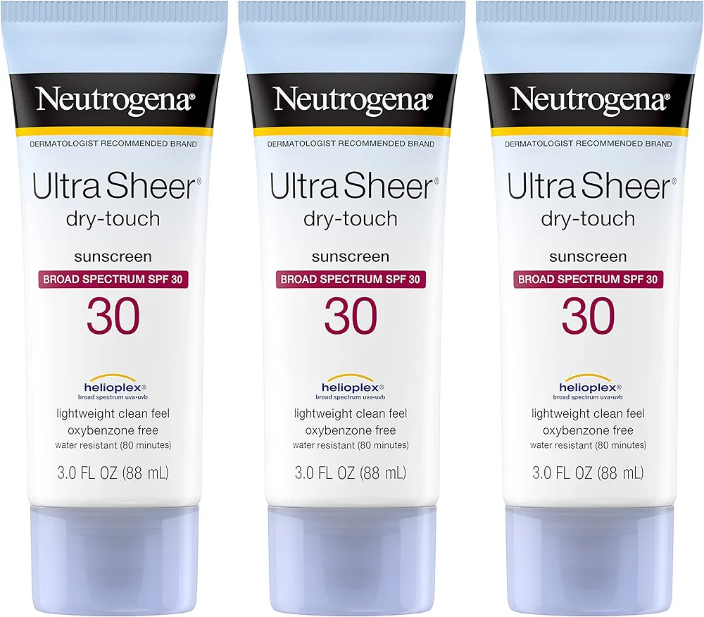 Neutrogena Ultra Sheer Dry-Touch Sunscreen Lotion, Broad Spectrum SPF 30 UVA/UVB Protection, Oxybenzone-Free, Water Resistant, Non-Comedogenic, Non-Greasy, Travel Size, 3 Fl Oz, Pack of 3