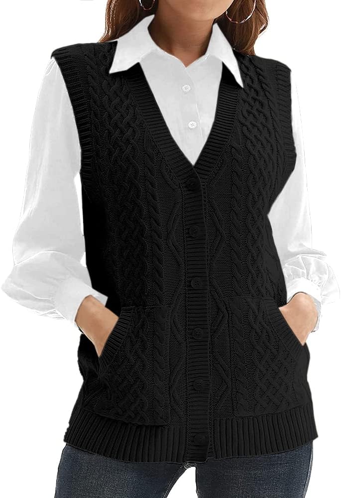 Womens’Knit Sweater Vest V Neck Sleeveless Cardigan Button Down Sweater Pocket Outwear Tops