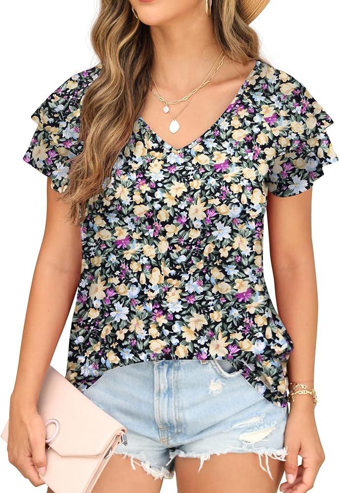 Womens Floral Tops Ruffle Sleeve Shirts for Women V Neck Loose Fit Casual Tee Tunics