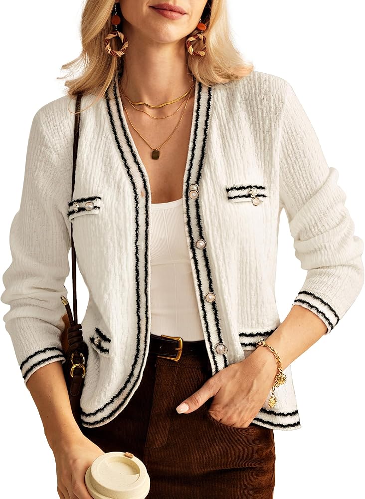 GRACE KARIN Women's Cropped Cardigan Sweaters Long Sleeve Elegant Pearl Button Down Knit Open Front V-Neck Jacket Tops