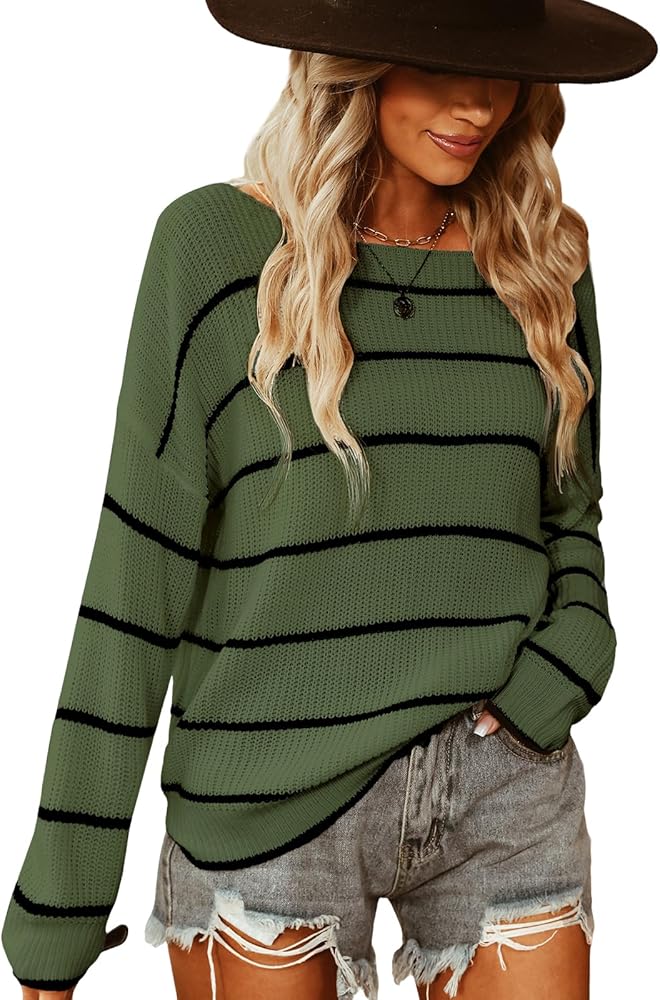 CUPSHE Women's Striped Sweaters Long Sleeve Boat Neck Colorblock Knitted Pullover Sweater Tops