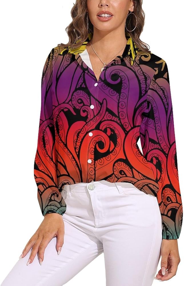 Octopus Tentacles Women's Long-Sleeve Shirt Button Down Tees Blouse Vintage Casual Tops