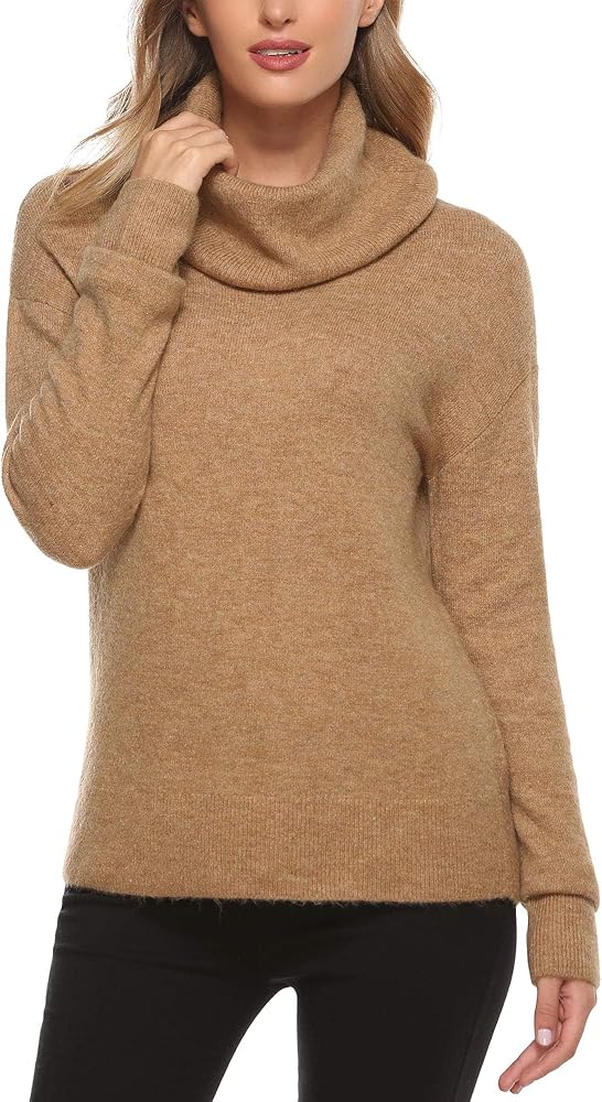 Woolicity Women's Cowl Neck Sweaters Long Sleeve Loose Fitting Ribbed Cozy Soft Casual Turtleneck Pullover Tops Camel