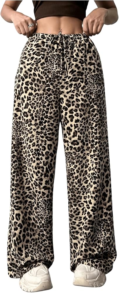 Floerns Women's Drawstring Waist Leopard Print Trousers Tie Front Wide Leg Pants