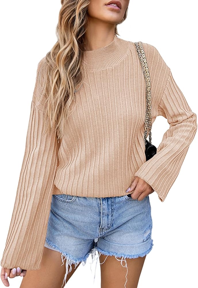 EVALESS Women Sweater Long Sleeve Mock Neck Oversized Ribbed Knit Pullover Winter Loose Fit Pleated Sweaters Tops S-2XL