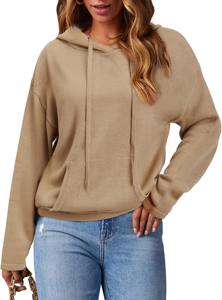 Arach&Cloz Womens Fall Fashion 2023 Knit Hoodies Drawstring Long Sleeve Pullover Sweaters with Pocket