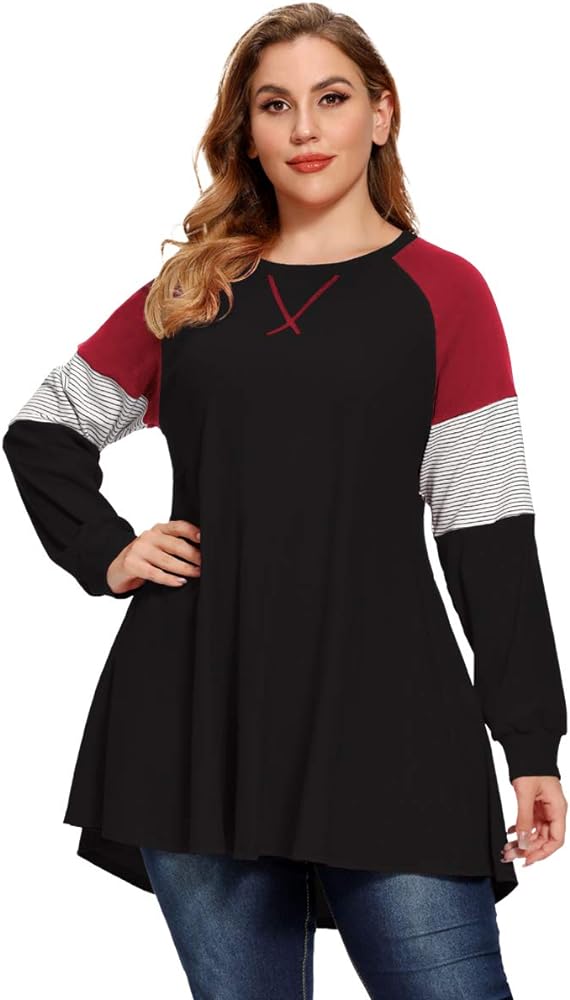 LARACE Plus Size Tops Women Pullover Sweatshirt Color Block Tee Long Sleeve Tunic Striped Raglan Shirt