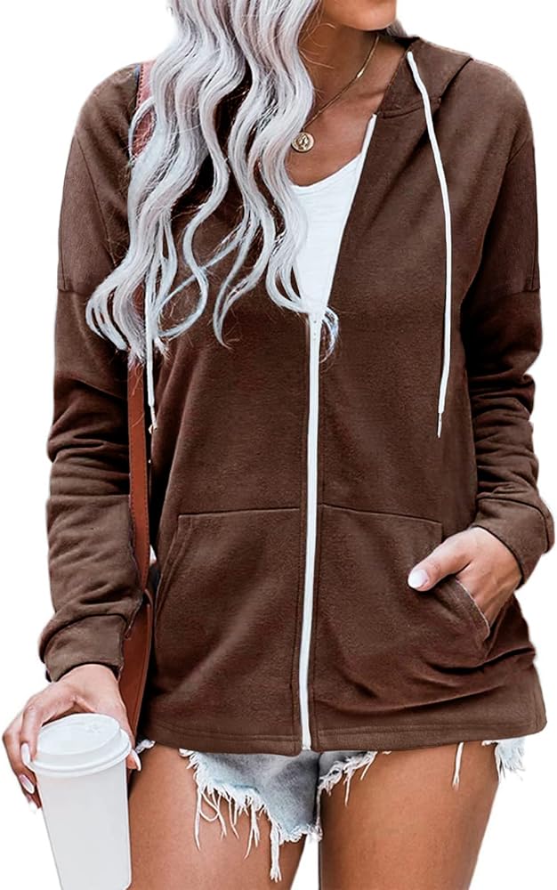 Womens Full Zip Up Hoodie Long Sleeve Hooded Sweatshirt Jacket with Pocket Casual Fall Zipper Coat