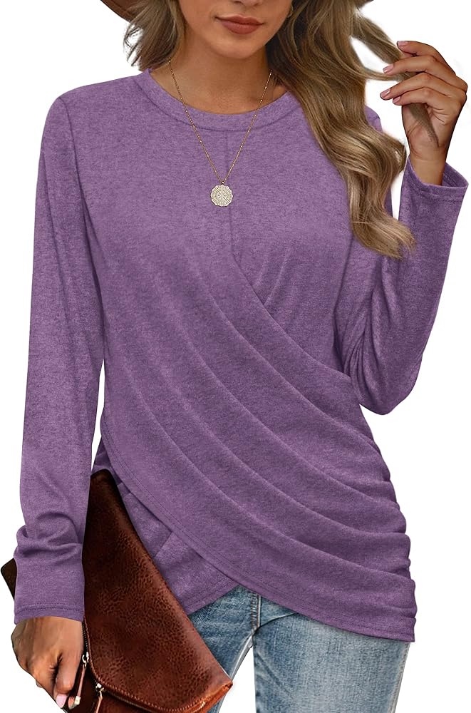 Jescakoo Womens Tops Long Sleeve Shirts Twist Front Crew Neck Tunics