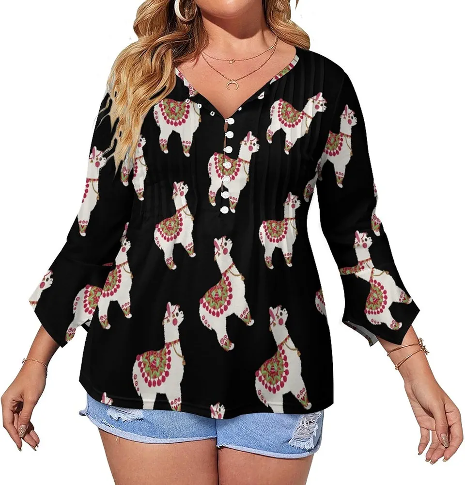 The Alpaca Cute Womens T-Shirts 3/4 Sleeve Button Down Tee Tops Blouse Summer Beach