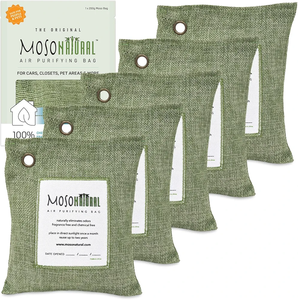 Moso Natural Air Purifying Bag 200g (5 Pack). A Scent Free Odor Eliminator for Cars, Closets, Bathrooms, Pet Areas. Premium Moso Bamboo Charcoal Odor Absorber (Green)