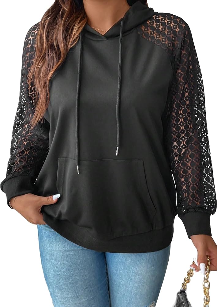 WDIRARA Women's Plus Size Contrast Lace Mesh Long Sleeve Drawstring Hoodie Sweatshirt Pullovers