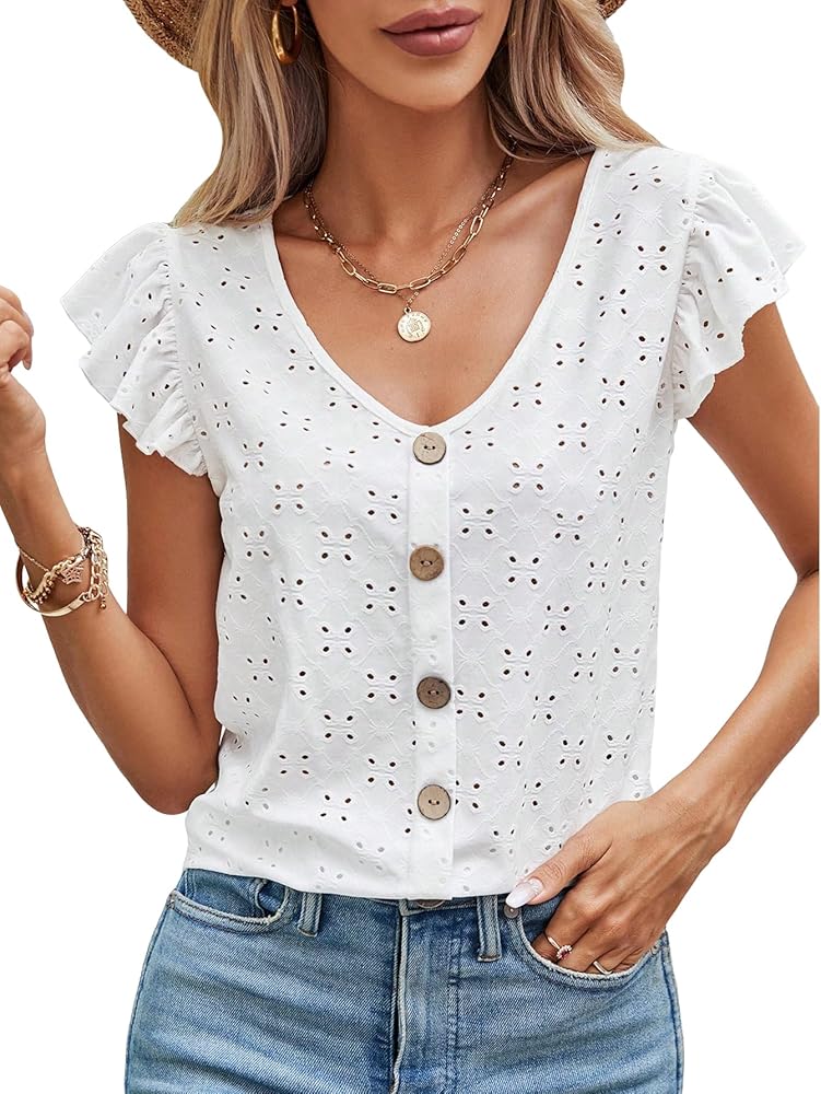 SweatyRocks Women's V Neck Shirt Top Ruffled Sleeve Decor Button Down Blouse Embroidery Eyelet Top