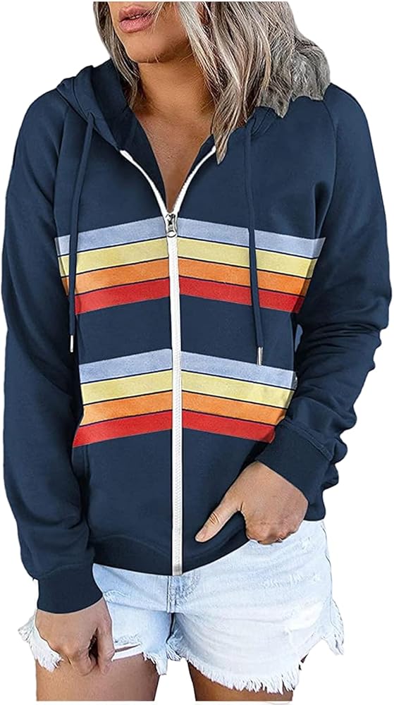 Womens Hoodies Zip Up Y2k Casual Long Sleeve Hooded Sweatshirts Color Block Stripe Comfy Jackets with Pockets