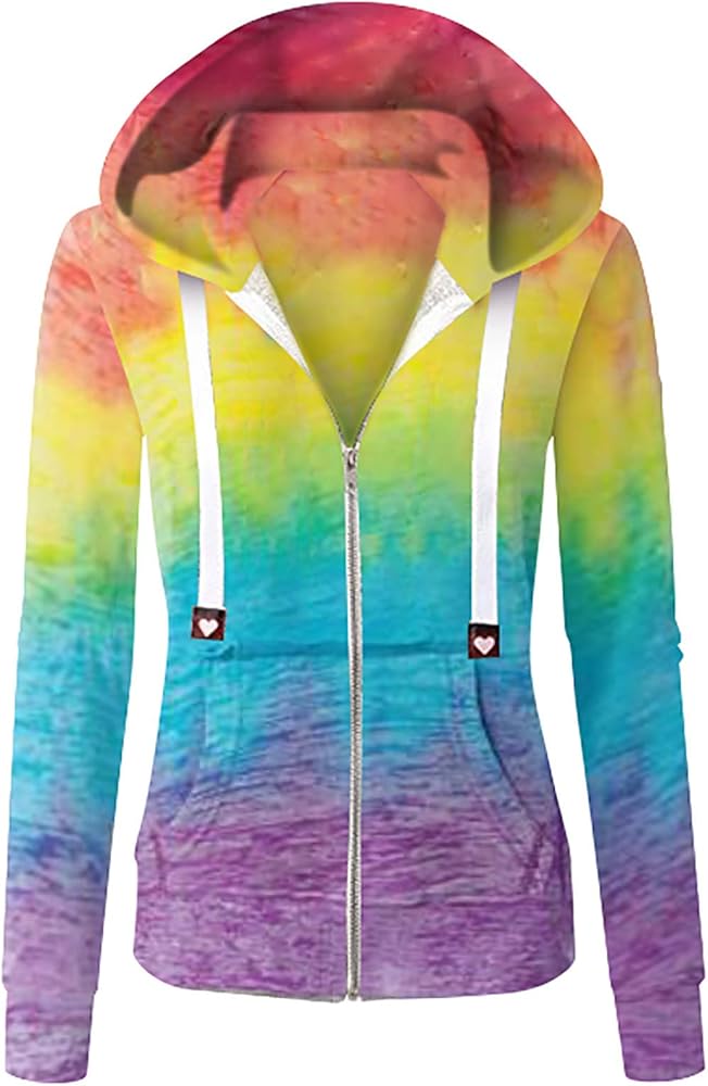 Zip up Hoodies for women Tie Dye Color Block Long Sleeve Hooded Sweatshirt Casual Jacket Streetwear with Pocket Yellow