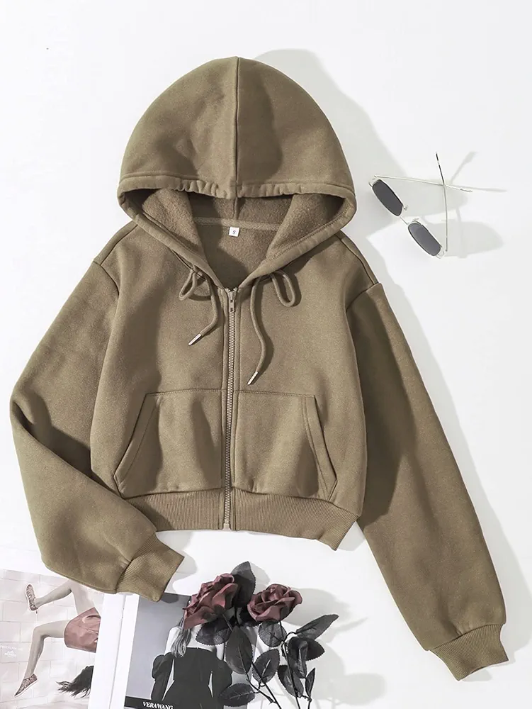 Women's Sweatshirt Sweatshirts Hoodies Solid Drawstring Zip Up Crop Thermal Hoodie Warmth Beautiful Lovely Fashionable (Color : Mocha Brown, Size : Medium)