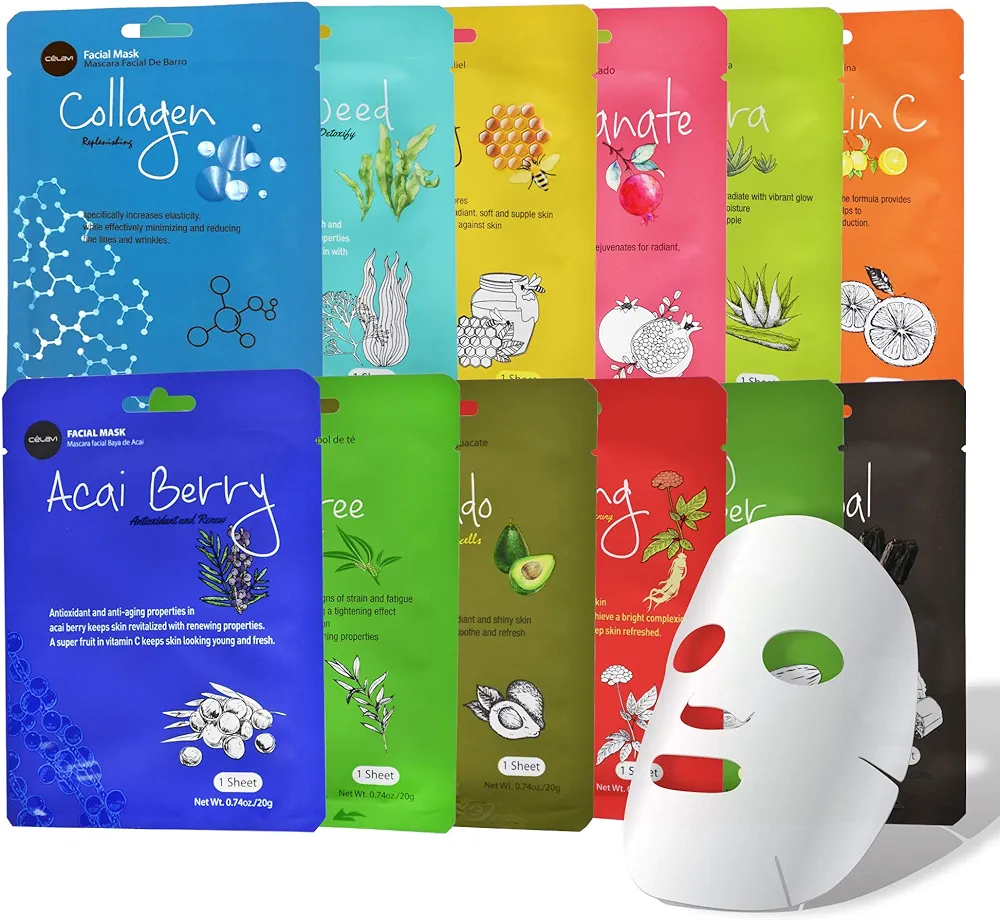 Celavi Essence Facial Sheet Face Mask Variety Set Classic Authentic Korean Moisturizing Skincare (12-Packs)