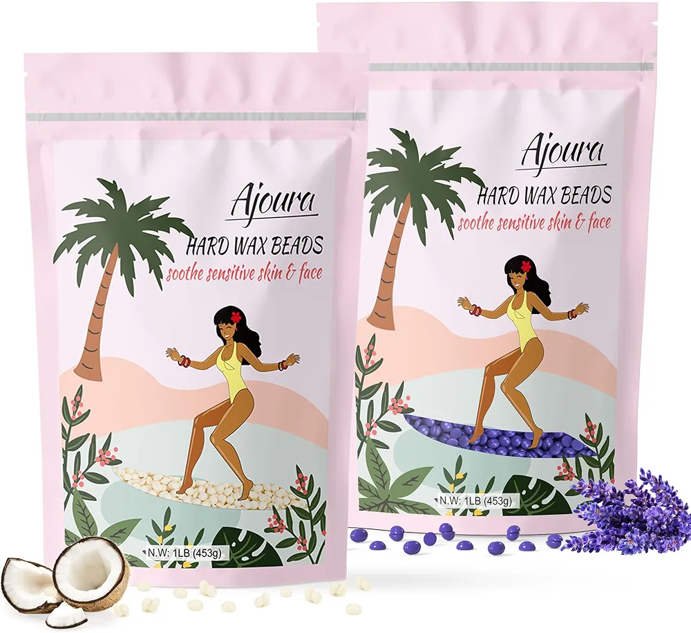 Ajoura Hard Wax Beads 2-Pack:Cream & Lavender Wax for Coarse Hair Removal -1lb each