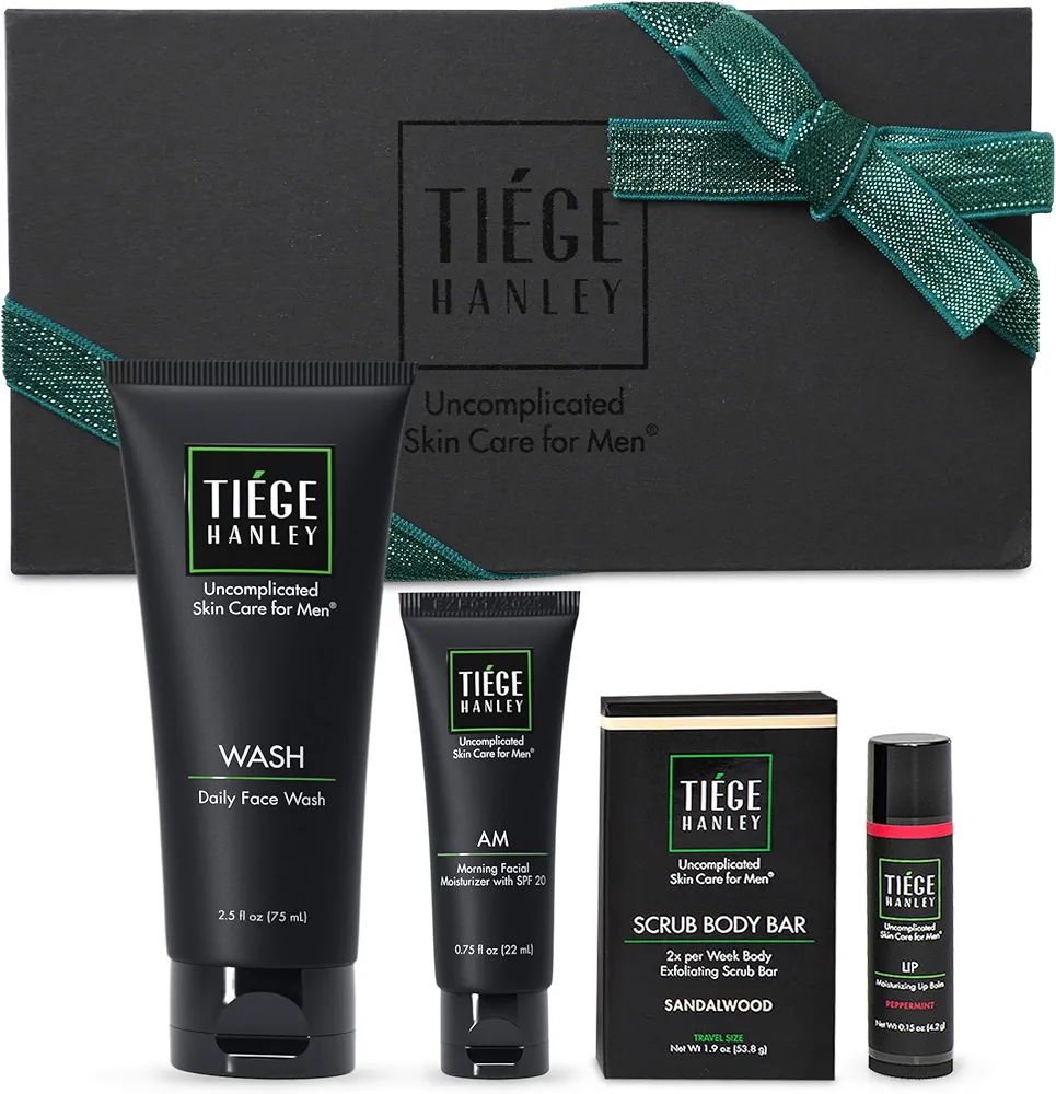 Tiege Hanley Mens Skin Care Gift Box Set, Bronze - Men's Skincare Set Includes Face Wash, Facial Moisturizer with SPF 20 Sunscreen, Body Exfoliating Scrub Bar, & Moisturizing Lip Balm