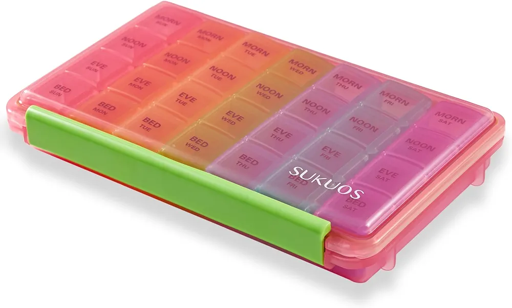 Sukuos Weekly Pill Organizer 7 Day 4 Times a Day, Moisture-Resistant Large Daily Pill Box Medicine Cases for Medication/Vitamin/Fish Oil/Supplements (Pink)