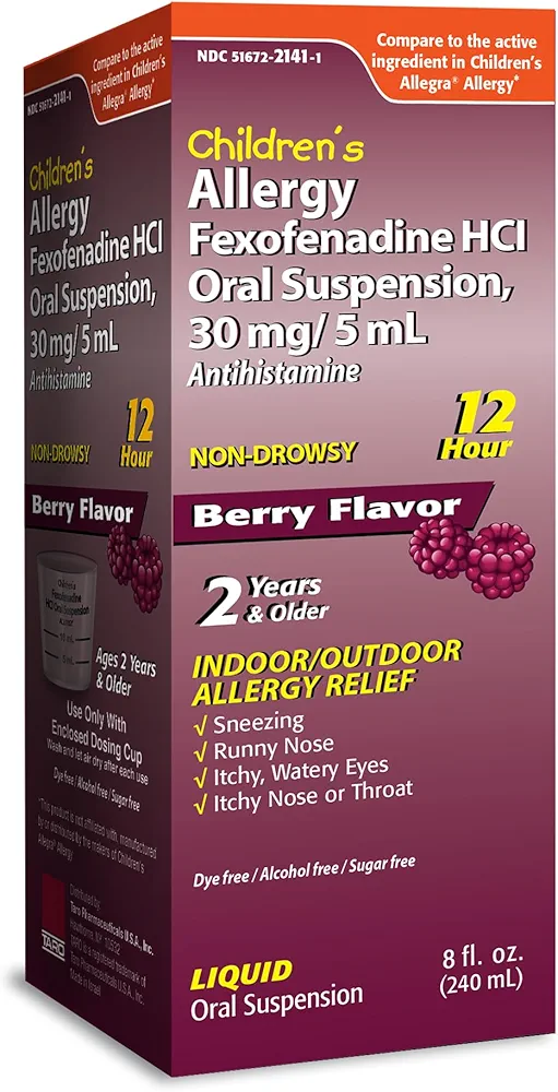 TARO Children's 12HR Allergy Relief Non-drowsy Antihistamine Liquid, Berry Flavor, Alcohol-Free, Dye-Free & Sugar Free, Fexofenadine HCl (8 oz)