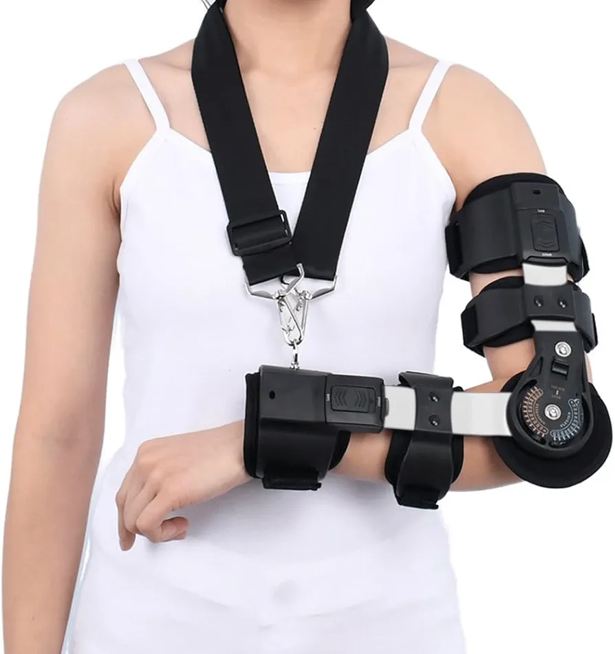 Hinged ROM Elbow Brace, Adjustable Post Op Elbow Brace with Strap Sling Stabilizer Splint Arm Injury Recovery Support After Surgery for Men & Women Dislocated Tendon Repairs (Right)