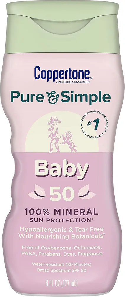 Coppertone Pure and Simple Baby Sunscreen SPF 50 Lotion, Zinc Oxide Mineral Sunscreen for Babies, Tear Free, Water Resistant, Broad Spectrum SPF 50 Sunscreen, 6 Fl Oz Bottle