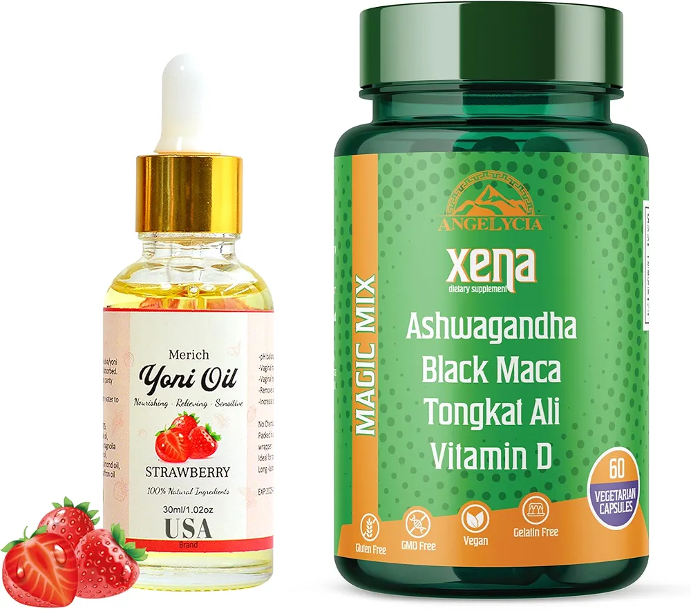 Yoni Detox Oil, Vaginal Tightening and Gentle Cleansing (Strawberry) and Ashwagandha Supplements, Awesome Blend of Ashwagandha Root, Black Maca Root, Tongkat Ali and Vitamin D