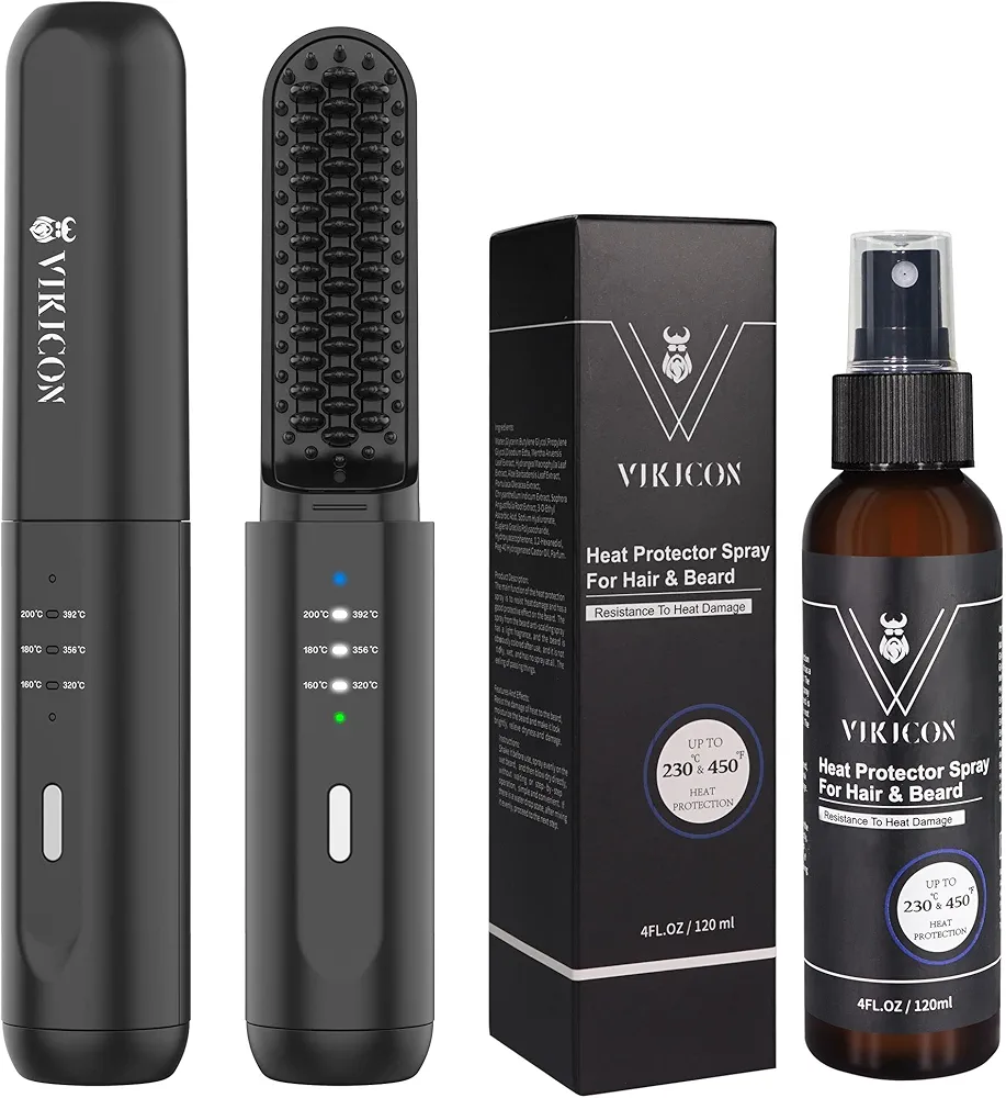 VIKICON Father's Day Gift Set for Men with Beard Hair Straightener & Heat Protectant Spray, Mini & Auto Shut Off Cordless Beard Brush